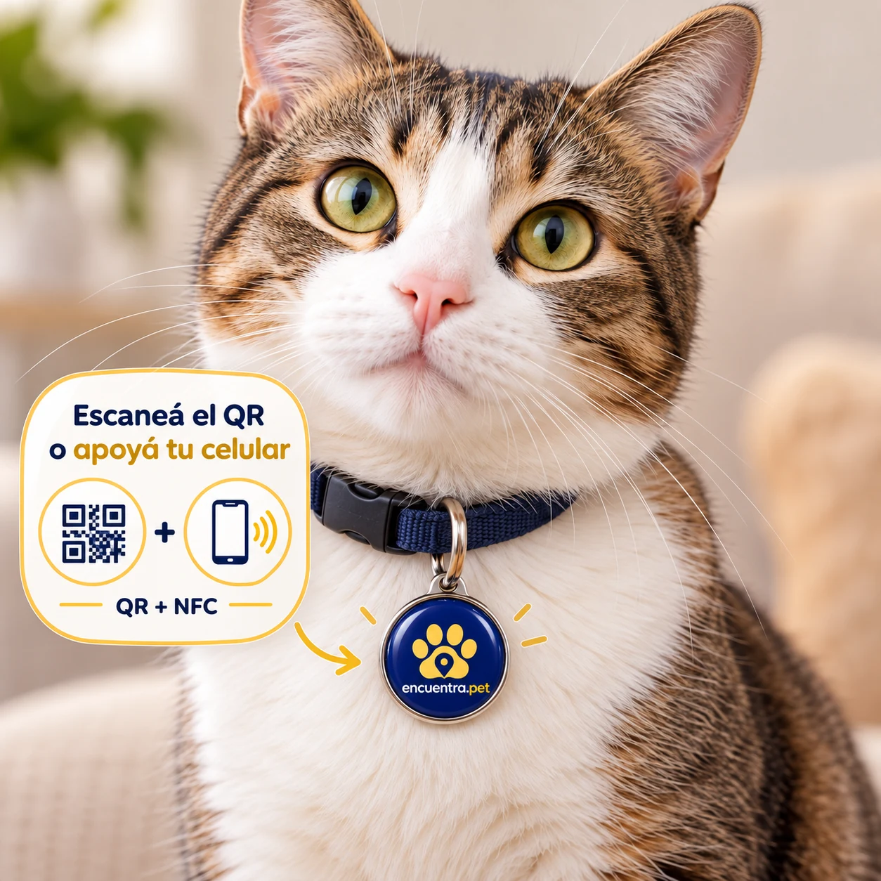 Gato con chapita encuentra.pet y referencia visual a sus accesos QR y NFC