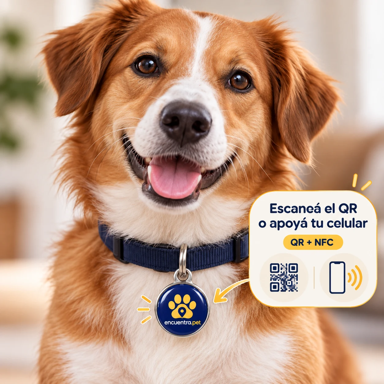 Perro con chapita encuentra.pet y referencia visual a sus accesos QR y NFC
